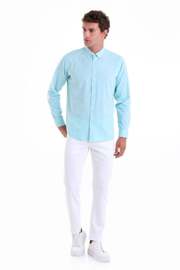 Green Comfort Fit Plain 100% Cotton Button-Down Collar Long Sleeve - 4