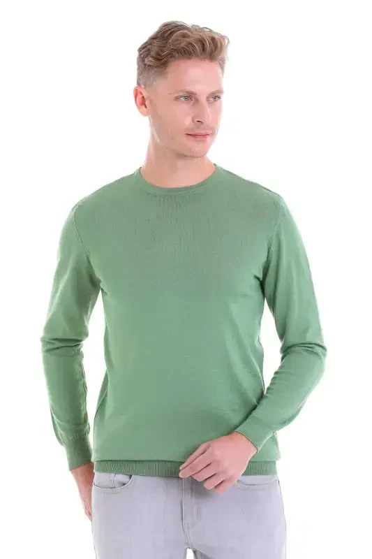 Green Comfort Fit Plain Crew Neck Woolen Wool Sweater - 2