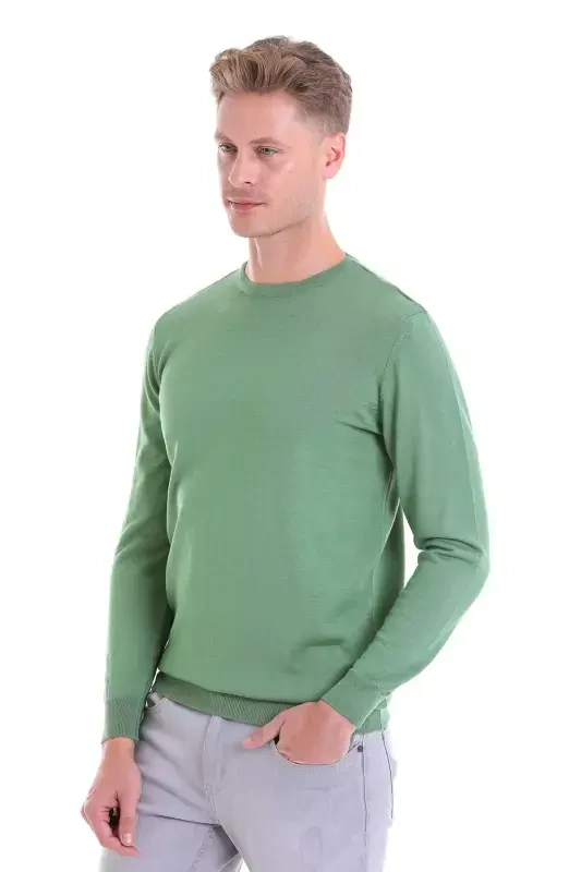 Green Comfort Fit Plain Crew Neck Woolen Wool Sweater - 3
