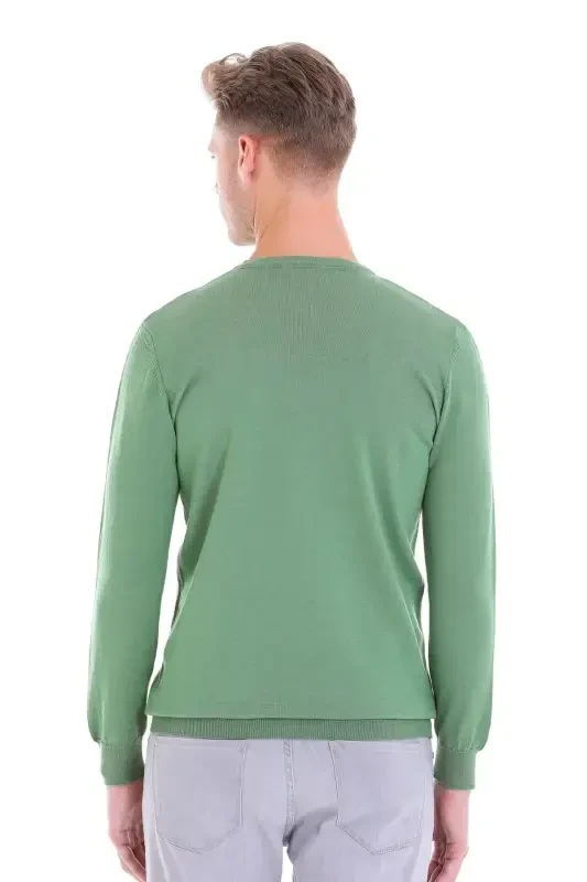 Green Comfort Fit Plain Crew Neck Woolen Wool Sweater - 6