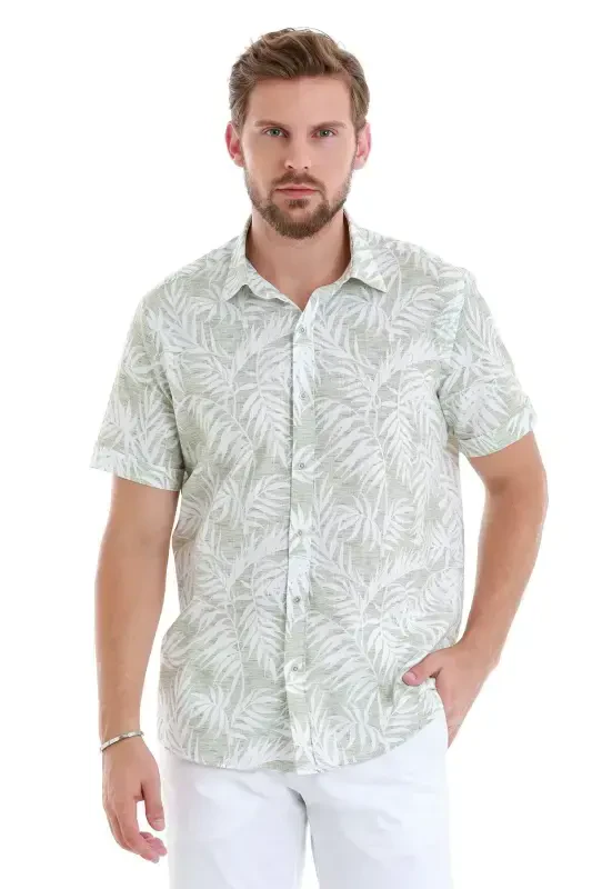 Green Comfort Fit Printed 100% Cotton Slim Collar Short Sleeve Shirt-Green - HATEMOĞLU