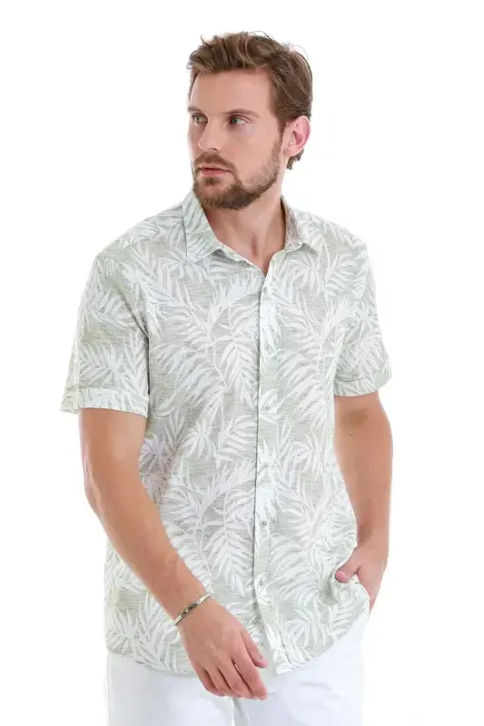 Green Comfort Fit Printed 100% Cotton Slim Collar Short Sleeve Shirt-Green - 3