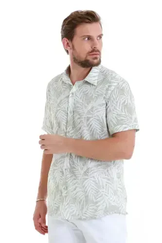 Green Comfort Fit Printed 100% Cotton Slim Collar Short Sleeve Shirt-Green - 4