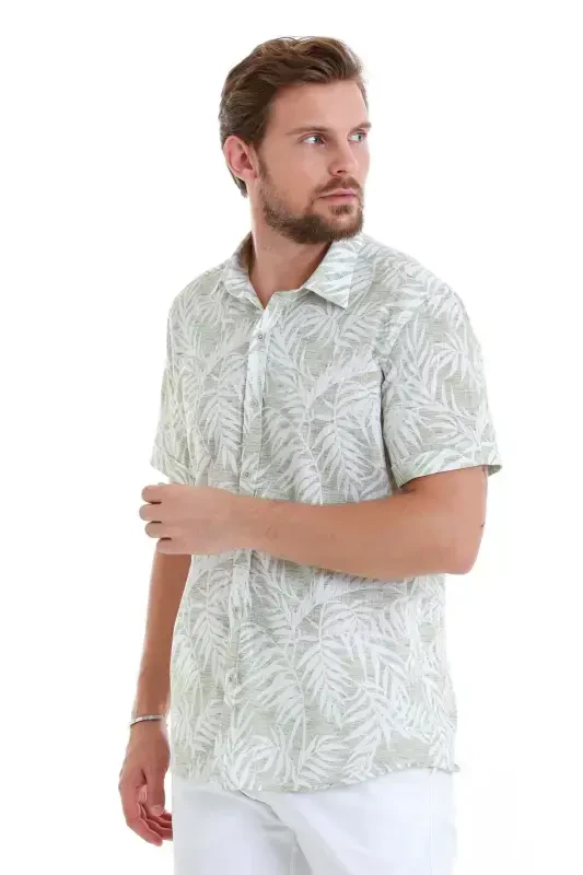 Green Comfort Fit Printed 100% Cotton Slim Collar Short Sleeve Shirt-Green - 4