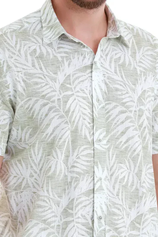 Green Comfort Fit Printed 100% Cotton Slim Collar Short Sleeve Shirt-Green - 5