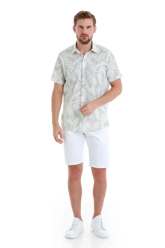 Green Comfort Fit Printed 100% Cotton Slim Collar Short Sleeve Shirt-Green - 2