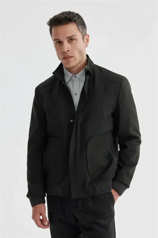 Green Comfort Fit Stand-up Collar Casual Jacket - 3