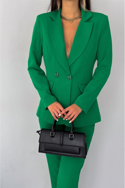 Green Double-Breasted Blazer Jacket Carrot Pants Suit Dress - 2