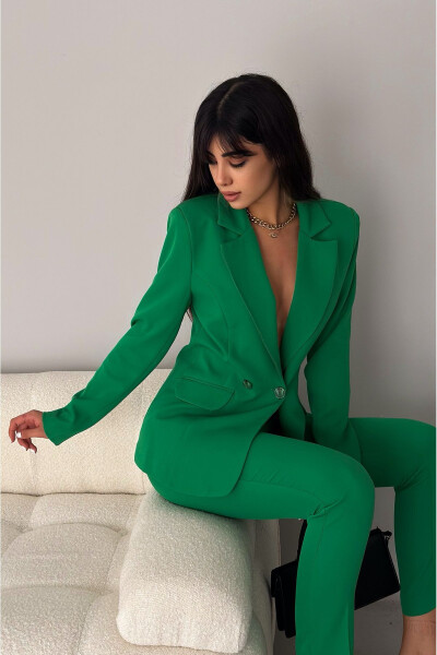 Green Double-Breasted Blazer Jacket Carrot Pants Suit Dress - 4