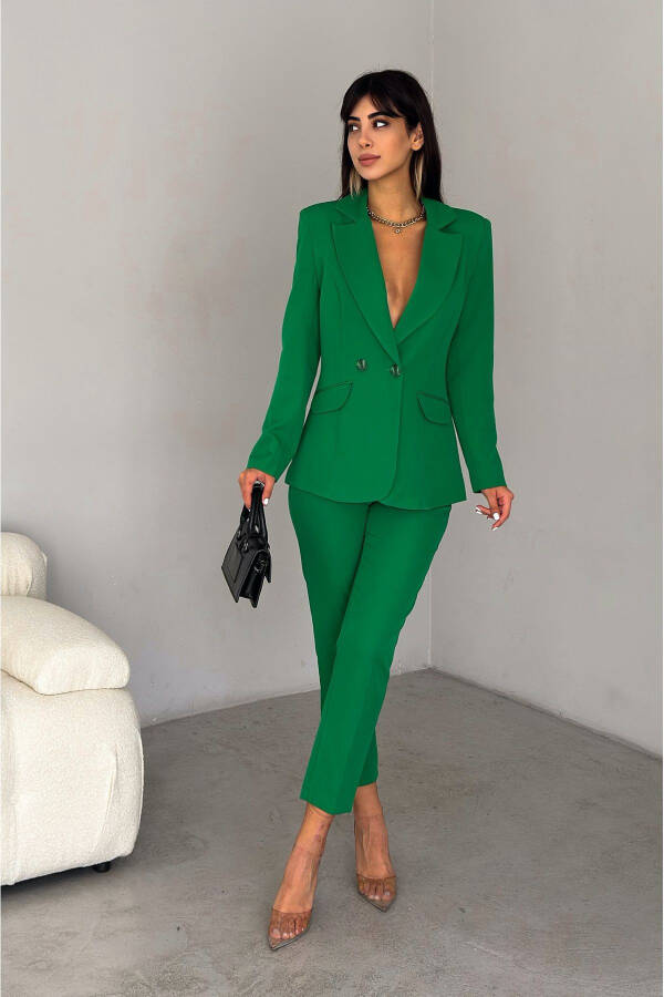 Green Double-Breasted Blazer Jacket Carrot Pants Suit Dress - 5