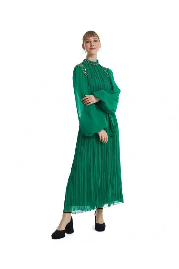 Green Dress with Stone Embellishments on Shoulder and Neckline 38833 - 2