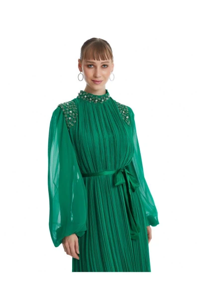 Green Dress with Stone Embellishments on Shoulder and Neckline 38833 - 3