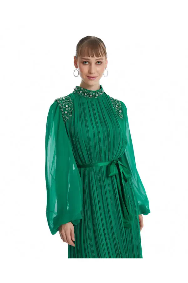Green Dress with Stone Embellishments on Shoulder and Neckline 38833 - 3