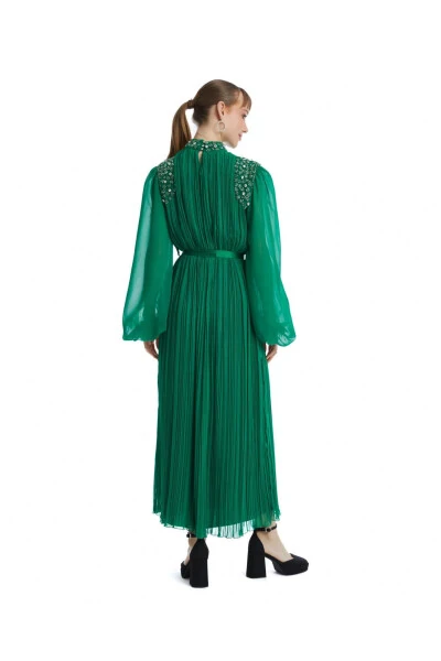 Green Dress with Stone Embellishments on Shoulder and Neckline 38833 - 4