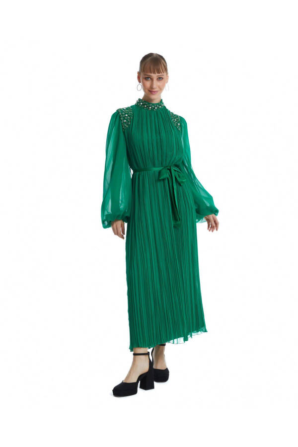 Green Dress with Stone Embellishments on Shoulder and Neckline 38833 - 1