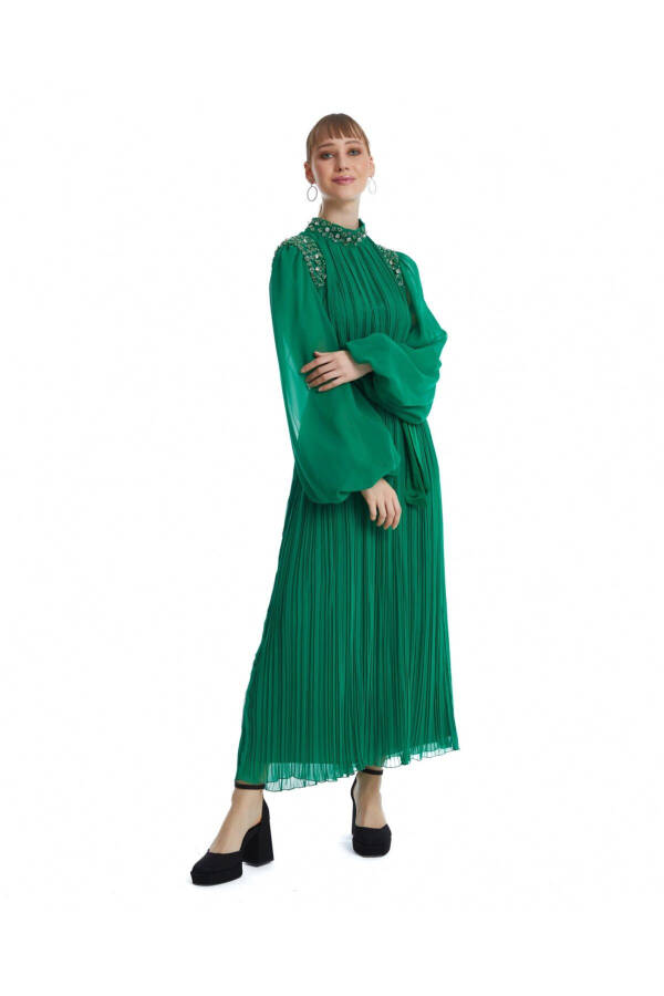 Green Dress with Stone Embellishments on Shoulder and Neckline 38833 - 2