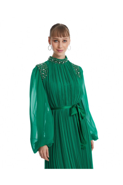 Green Dress with Stone Embellishments on Shoulder and Neckline 38833 - 3