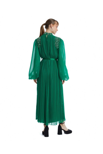Green Dress with Stone Embellishments on Shoulder and Neckline 38833 - 4