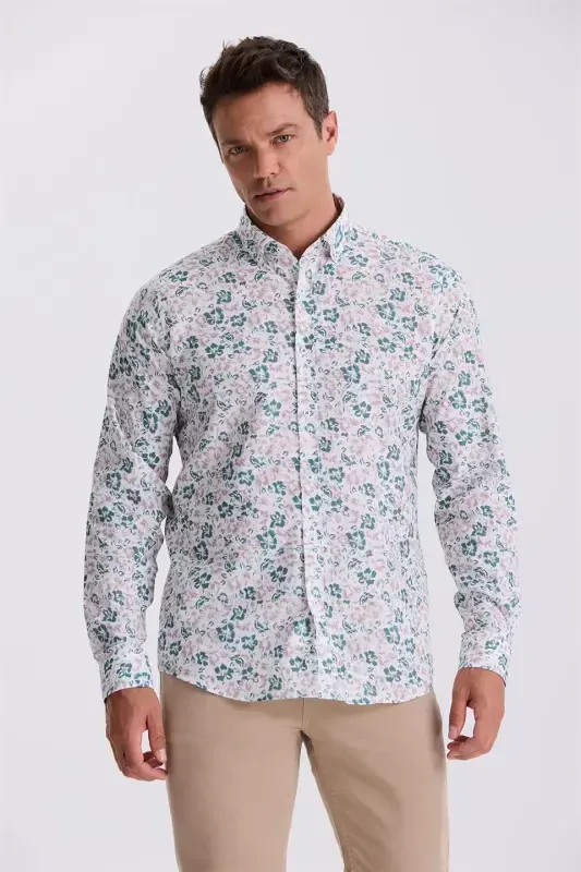 Green Floral Pattern Spread Collar Comfort Fit Shirt - 1