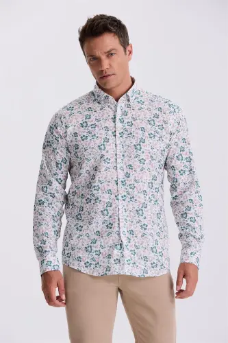 Green Floral Pattern Spread Collar Comfort Fit Shirt 