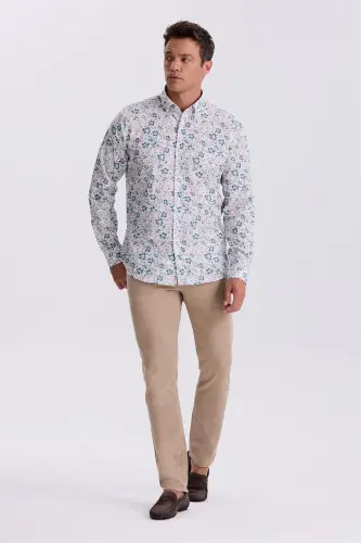 Green Floral Pattern Spread Collar Comfort Fit Shirt - 2