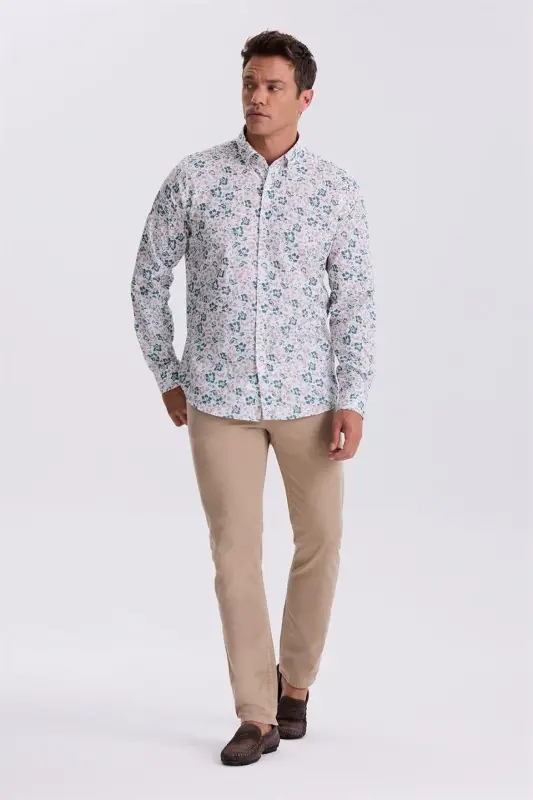 Green Floral Pattern Spread Collar Comfort Fit Shirt - 2