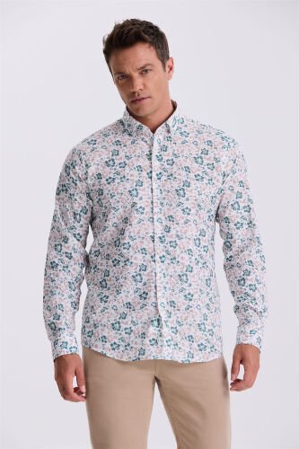 Green Floral Print Collar Buttoned Comfort Fit Shirt - 1