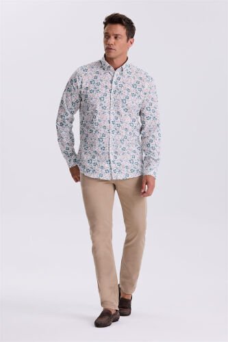 Green Floral Print Collar Buttoned Comfort Fit Shirt - 2