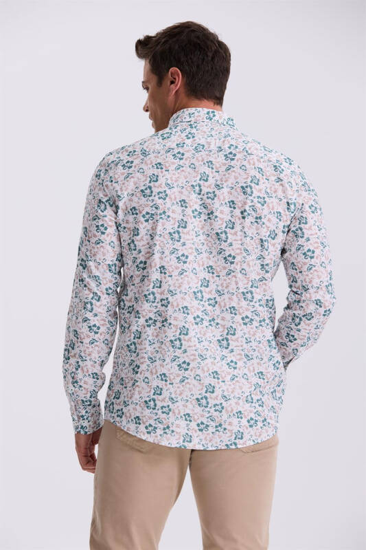Green Floral Print Collar Buttoned Comfort Fit Shirt - 4