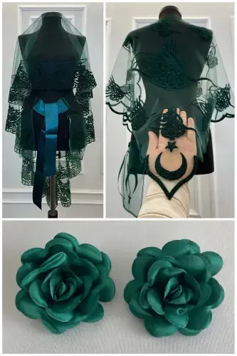 Green Henna Veil, Bridal Veil Set Groom Shoulder Cover Shawl Hand Rose 8 Piece Set-Green - 1