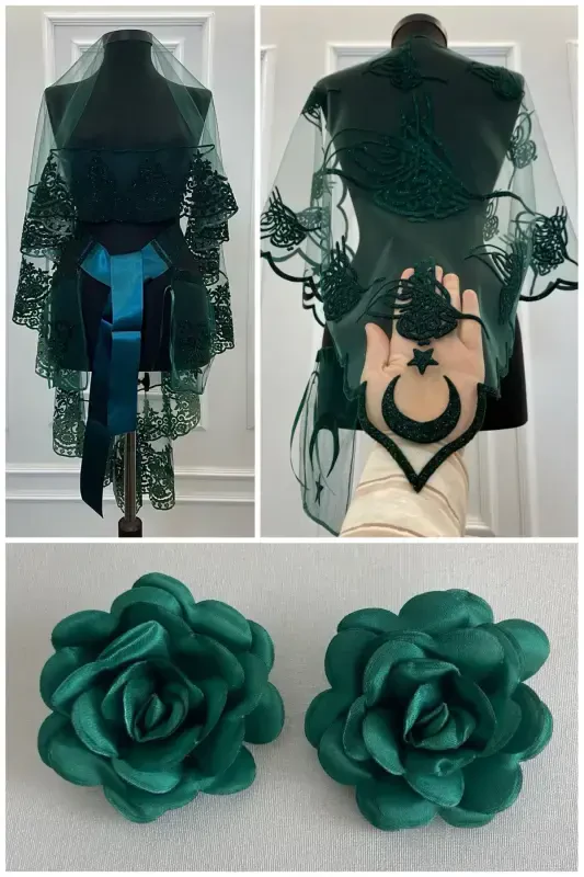 Green Henna Veil, Bridal Veil Set Groom Shoulder Cover Shawl Hand Rose 8 Piece Set-Green - 1