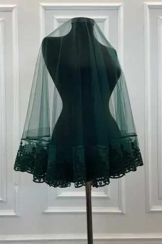 Green Henna Veil, Bridal Veil Set Groom Shoulder Cover Shawl Hand Rose 8 Piece Set-Green - 2