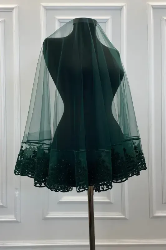 Green Henna Veil, Bridal Veil Set Groom Shoulder Cover Shawl Hand Rose 8 Piece Set-Green - 2