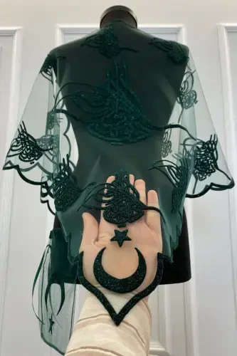 Green Henna Veil, Bridal Veil Set Groom Shoulder Cover Shawl Hand Rose 8 Piece Set-Green - 3