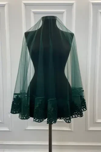 Green Henna Veil, Bridal Veil Set Groom Shoulder Cover Shawl Hand Rose 8 Piece Set-Green - 6