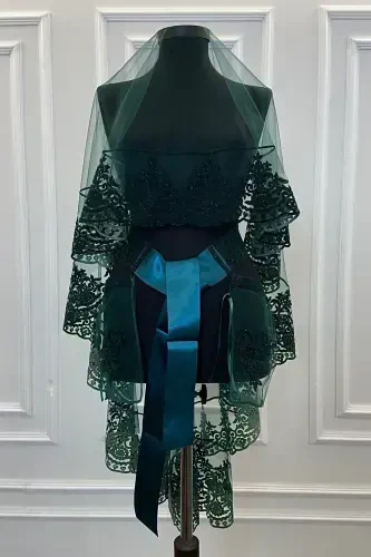 Green Henna Veil, Bridal Veil Set Groom Shoulder Cover Shawl Hand Rose 8 Piece Set-Green - 7