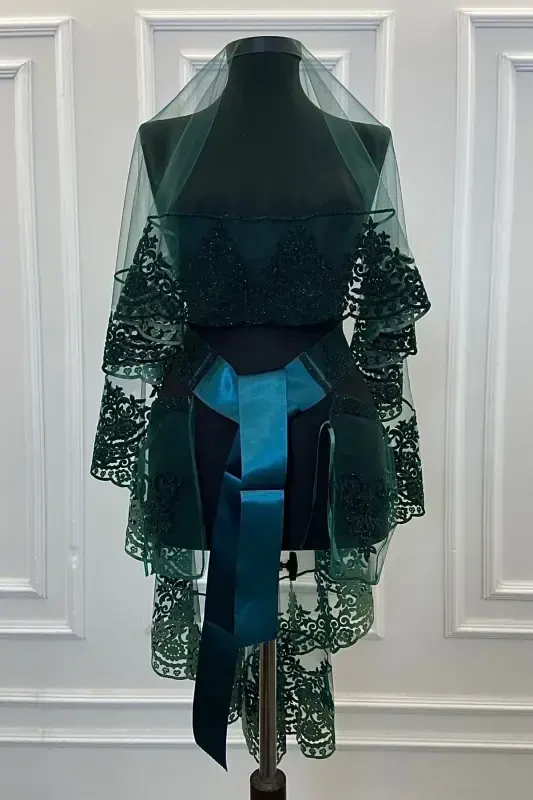 Green Henna Veil, Bridal Veil Set Groom Shoulder Cover Shawl Hand Rose 8 Piece Set-Green - 7