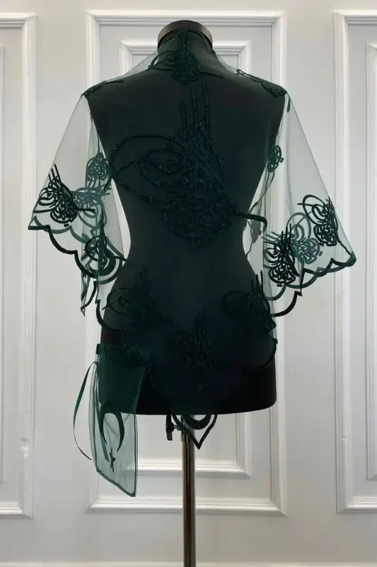 Green Henna Veil, Bridal Veil Set Groom Shoulder Cover Shawl Hand Rose 8 Piece Set-Green - 8