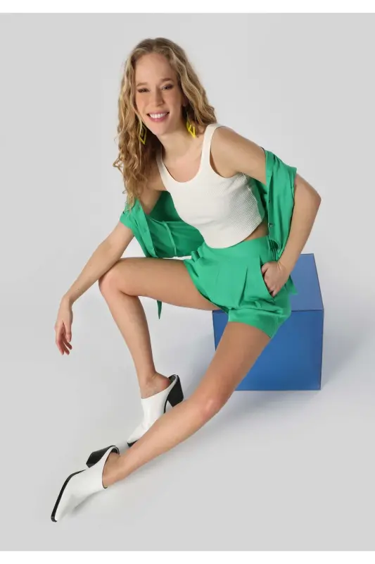 Green, high waisted, regular fit shorts for women. - 3