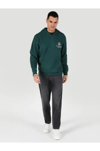 Green, hooded, printed sweatshirt for men. - 3