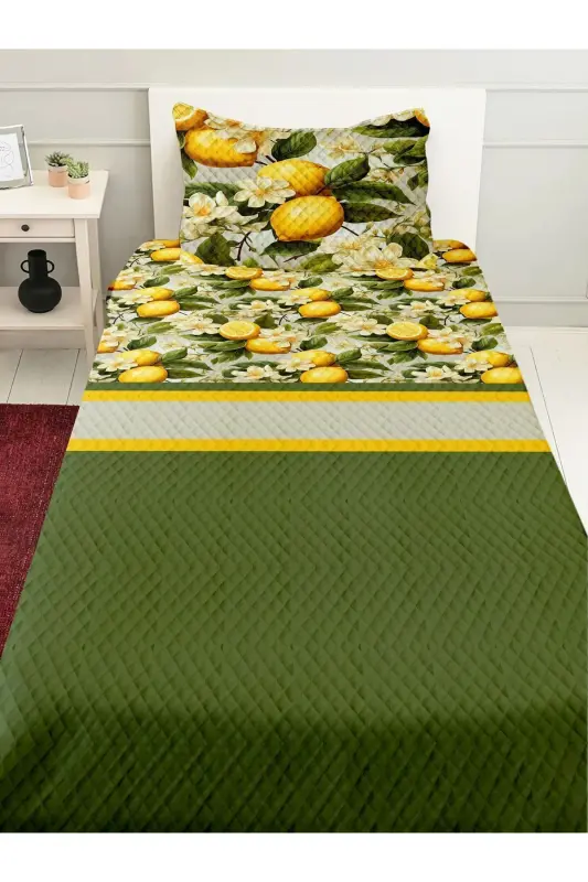 Green Leafy Lemon Patterned Printed Single and Children's Pique Set-Pattern - ELSE DEKOR
