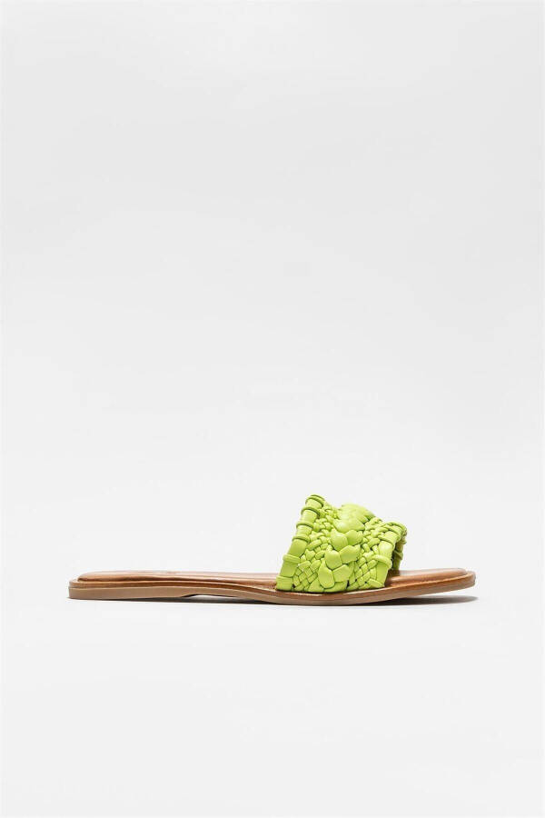 Green Leather Women's Flat Slippers - 1