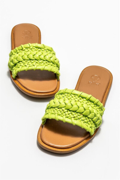 Green Leather Women's Flat Slippers - 3