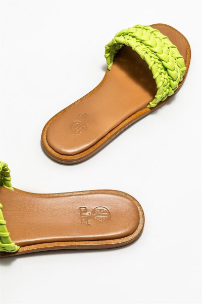 Green Leather Women's Flat Slippers - 4