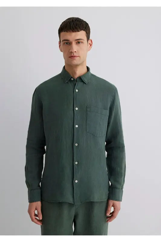 Green Linen Shirt Regular Fit - 4