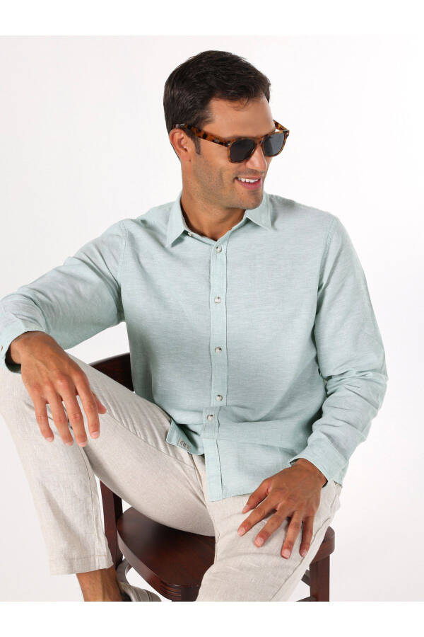 Green, long-sleeved, regular fit men's shirt. - 1