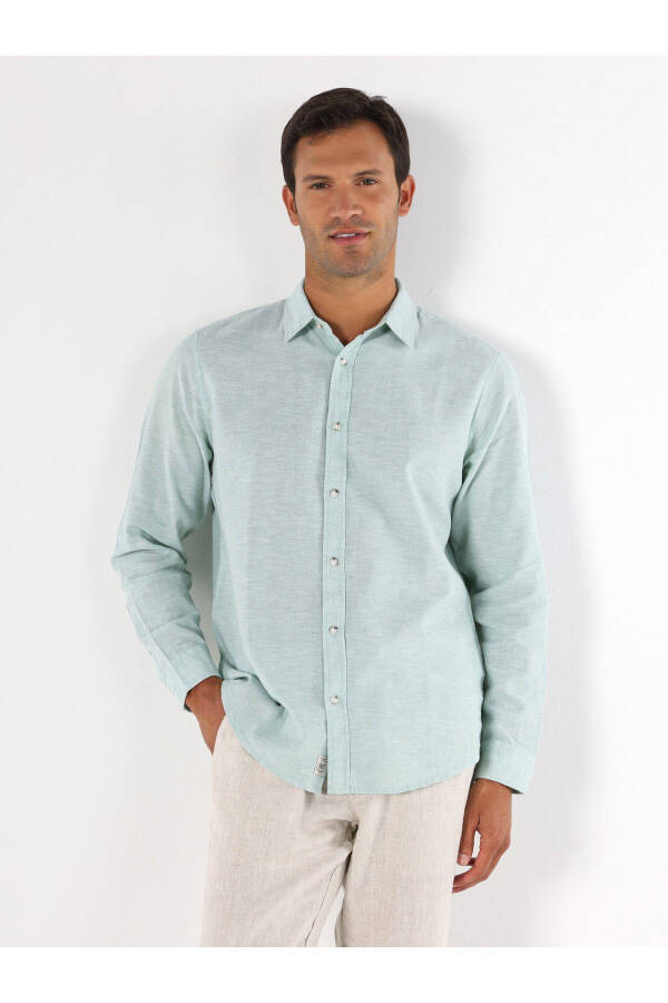 Green, long-sleeved, regular fit men's shirt. - 4