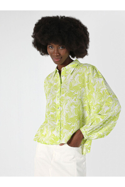 Green, long-sleeved, regular fit printed shirt for women. - 1