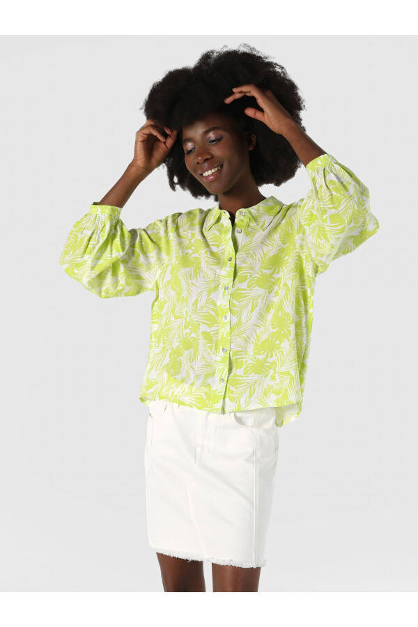 Green, long-sleeved, regular fit printed shirt for women. - 2