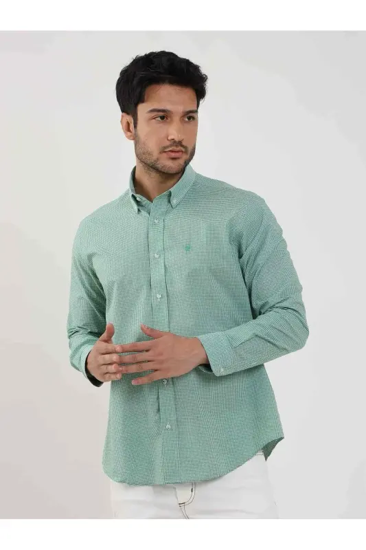 Green Men's Regular Fit Pitikare Pattern Button-Down Long Sleeve Shirt - 98199 - 1